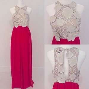 Julian Chang Jumpsuit Coral White Lace Floral Keyhole